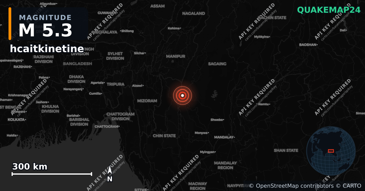 M5.3 earthquake near hcaitkinetine on Aug 22, 2025 — map of epicenter and shaking intensity | QuakeMap24