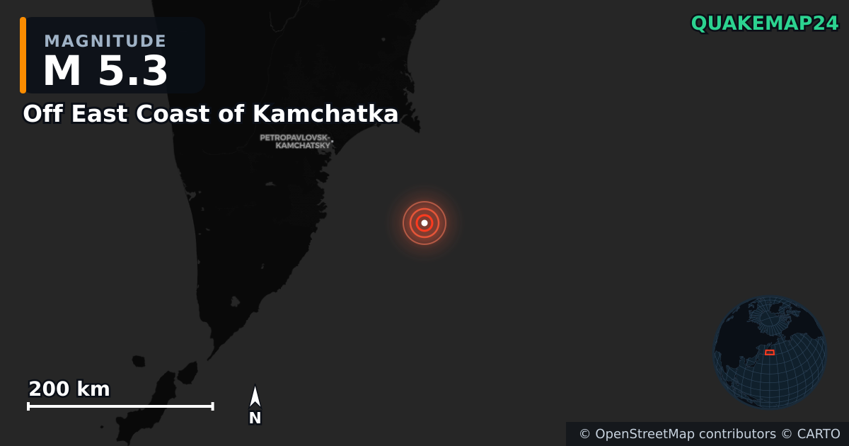 Off East Coast of Kamchatka yakınında M5,3 deprem — Deprem merkez üssünün konumunu gösteren harita