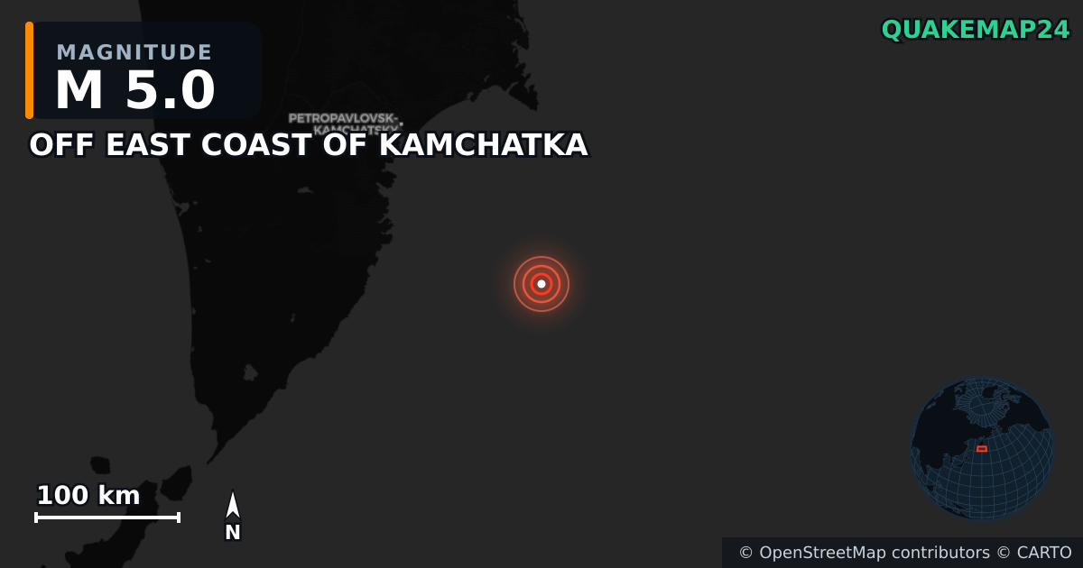 OFF EAST COAST OF KAMCHATKA yakınında M5,0 deprem — Deprem merkez üssünün konumunu gösteren harita