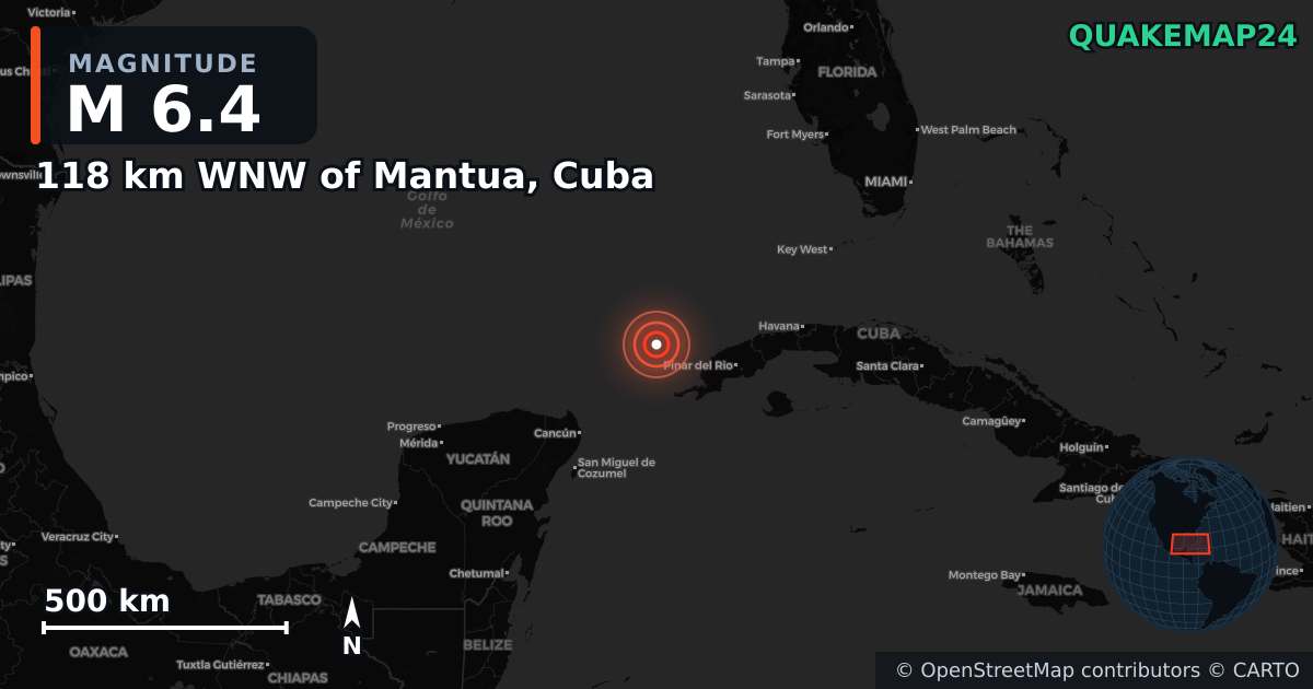 M6.4 earthquake near 118 km WNW of Mantua, Cuba on Jun 8, 2026 — map of epicenter and shaking intensity | QuakeMap24
