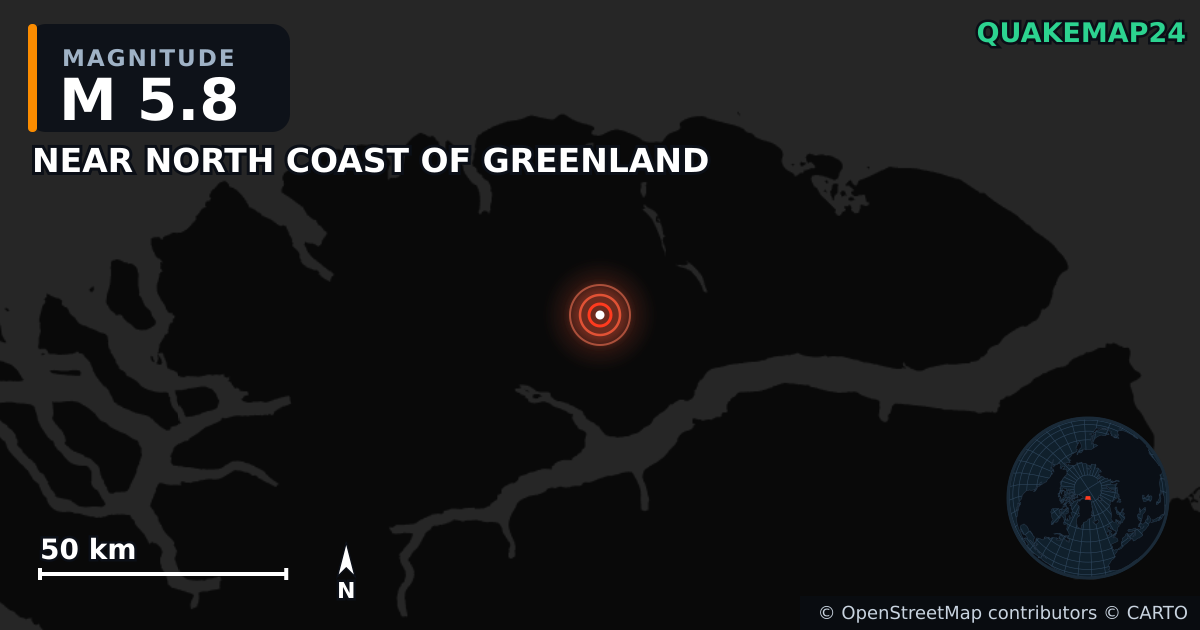 Erdbeben M5,8 bei NEAR NORTH COAST OF GREENLAND (Grönland) · 2025-07-15 — Karte der Lage des Epizentrums