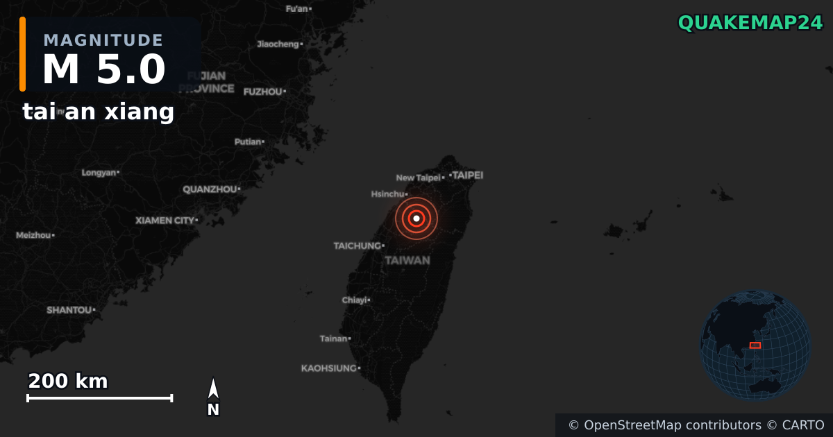 M5.0 earthquake near tai an xiang on Mar 15, 2026 — map of epicenter and shaking intensity | QuakeMap24