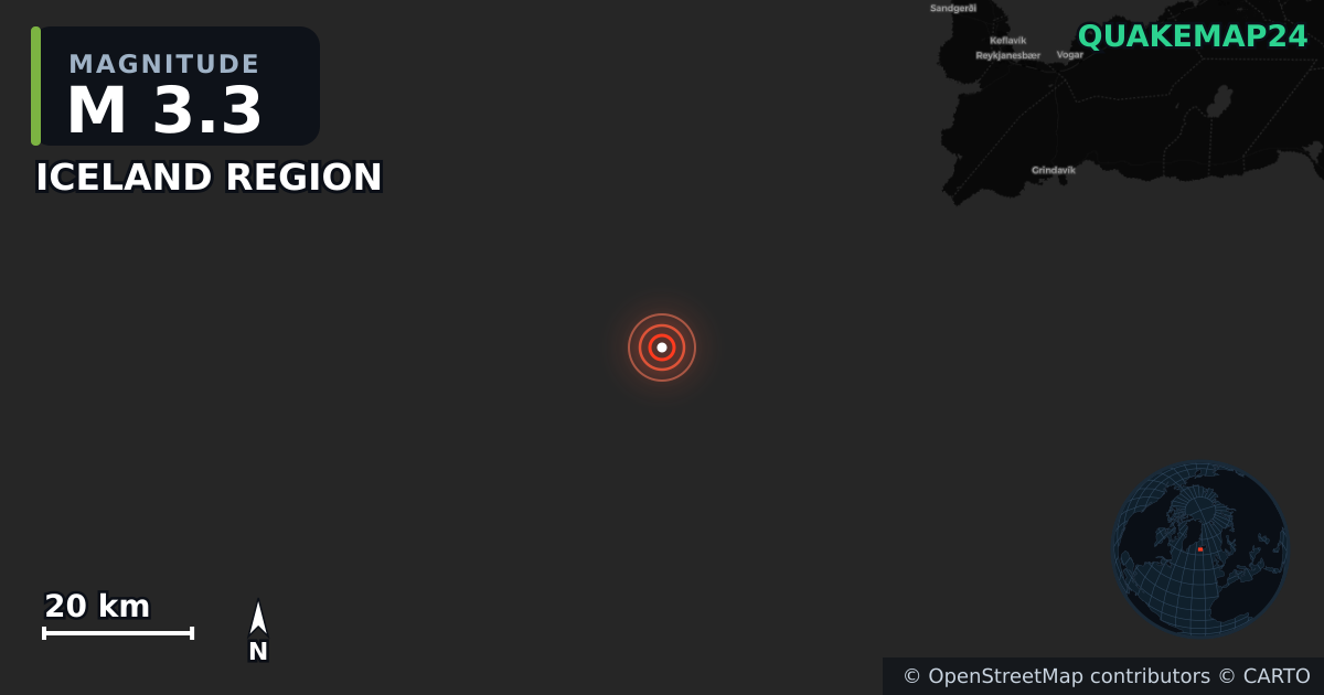 M3.3 earthquake near ICELAND REGION on Nov 28, 2025 — map of epicenter and shaking intensity | QuakeMap24