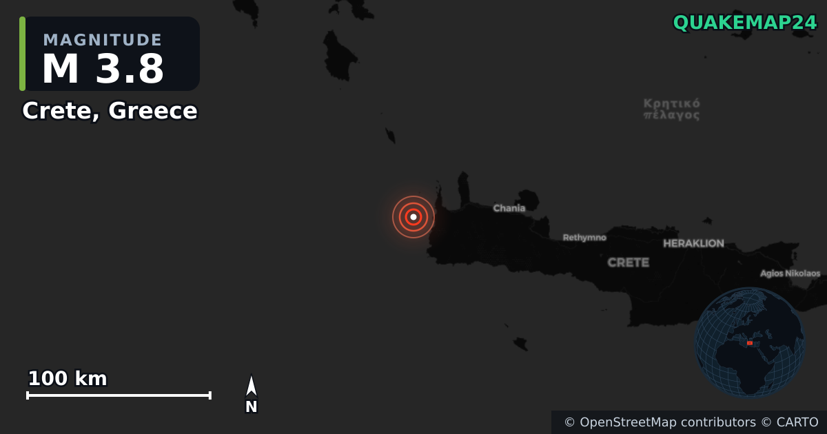 M3.8 earthquake near Crete, Greece on Aug 18, 2025 — map of epicenter and shaking intensity | QuakeMap24