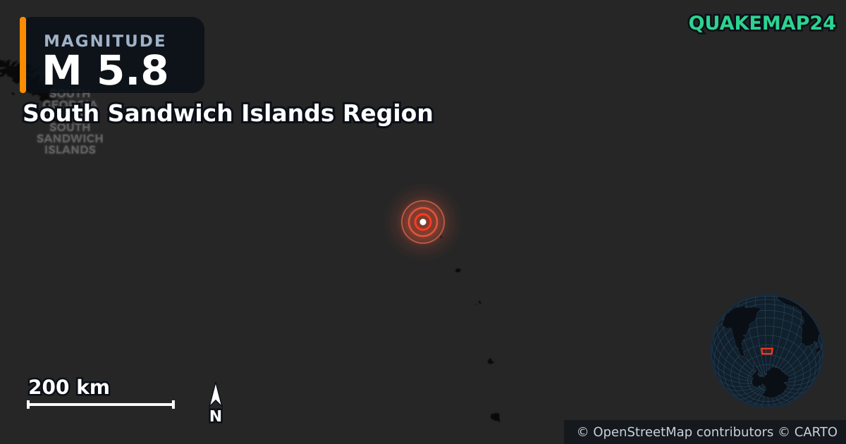 M5.8 earthquake near South Sandwich Islands Region on May 20, 2026 — map of epicenter and shaking intensity | QuakeMap24