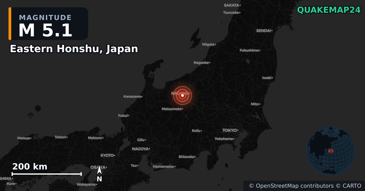 M5.1 earthquake near Eastern Honshu, Japan on Apr 18, 2026 — map of epicenter and shaking intensity | QuakeMap24