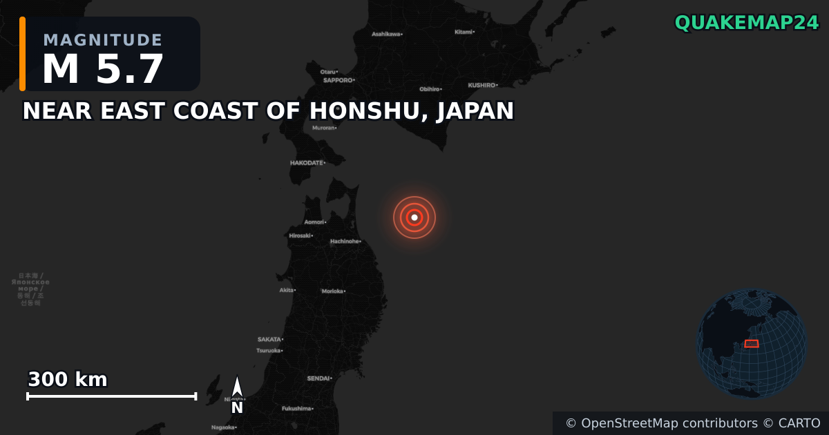 M5.7 earthquake near NEAR EAST COAST OF HONSHU, JAPAN on Dec 10, 2025 — map of epicenter and shaking intensity | QuakeMap24