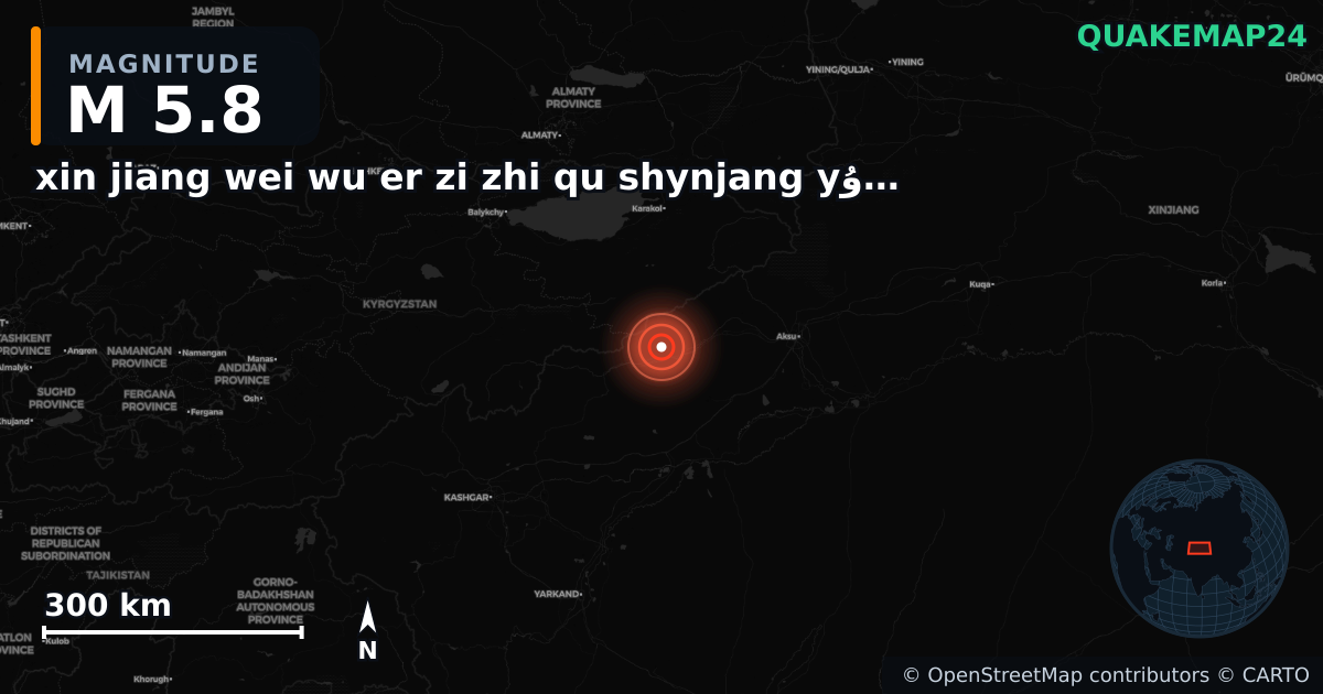M5.8 earthquake near xin jiang wei wu er zi zhi qu shynjang yۇyghۇr yaptwnwm raywny on Dec 4, 2025 — map of epicenter and shaking intensity | QuakeMap24