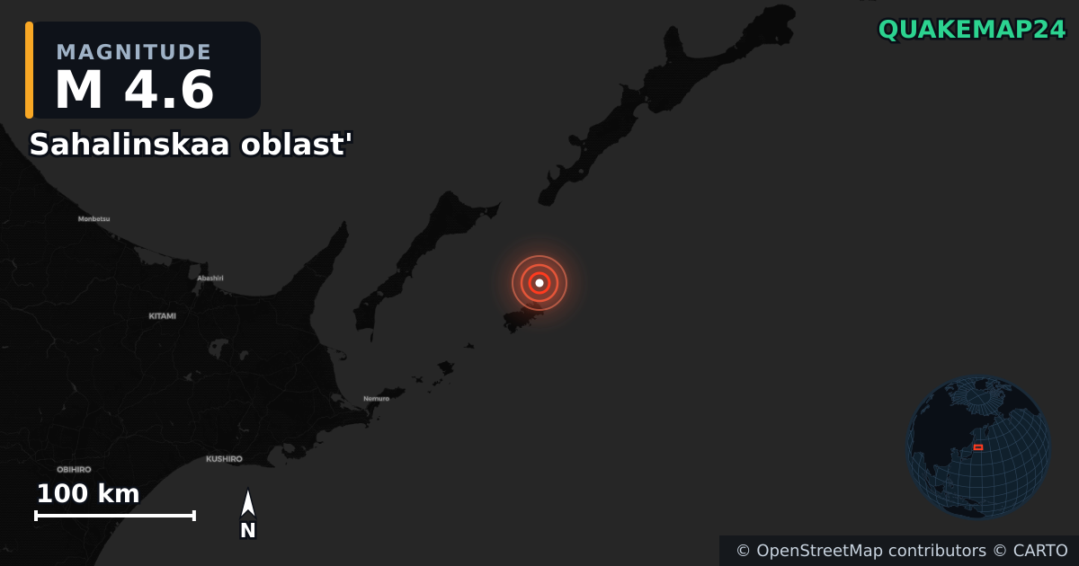 M4.6 earthquake near Sahalinskaa oblast' on Nov 21, 2025 — map of epicenter and shaking intensity | QuakeMap24