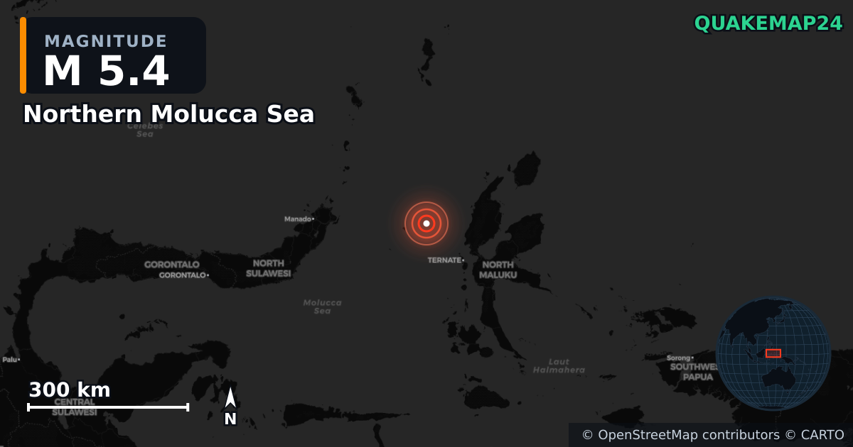Erdbeben M5,4 bei Northern Molucca Sea — Karte der Lage des Epizentrums