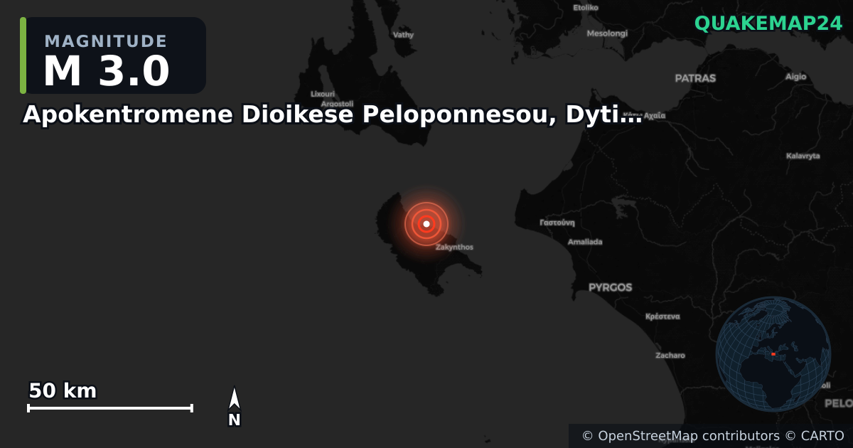 M3.0 earthquake near Apokentromene Dioikese Peloponnesou, Dytikes Elladas kai Ioniou on Aug 31, 2025 — map of epicenter and shaking intensity | QuakeMap24