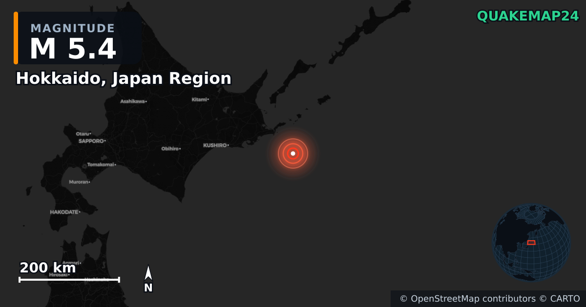 M5.4 earthquake near Hokkaido, Japan Region on Dec 20, 2025 — map of epicenter and shaking intensity | QuakeMap24
