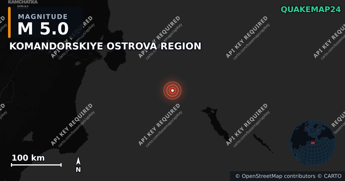M5.0 earthquake near KOMANDORSKIYE OSTROVA REGION on Jul 14, 2025 — map of epicenter and shaking intensity | QuakeMap24