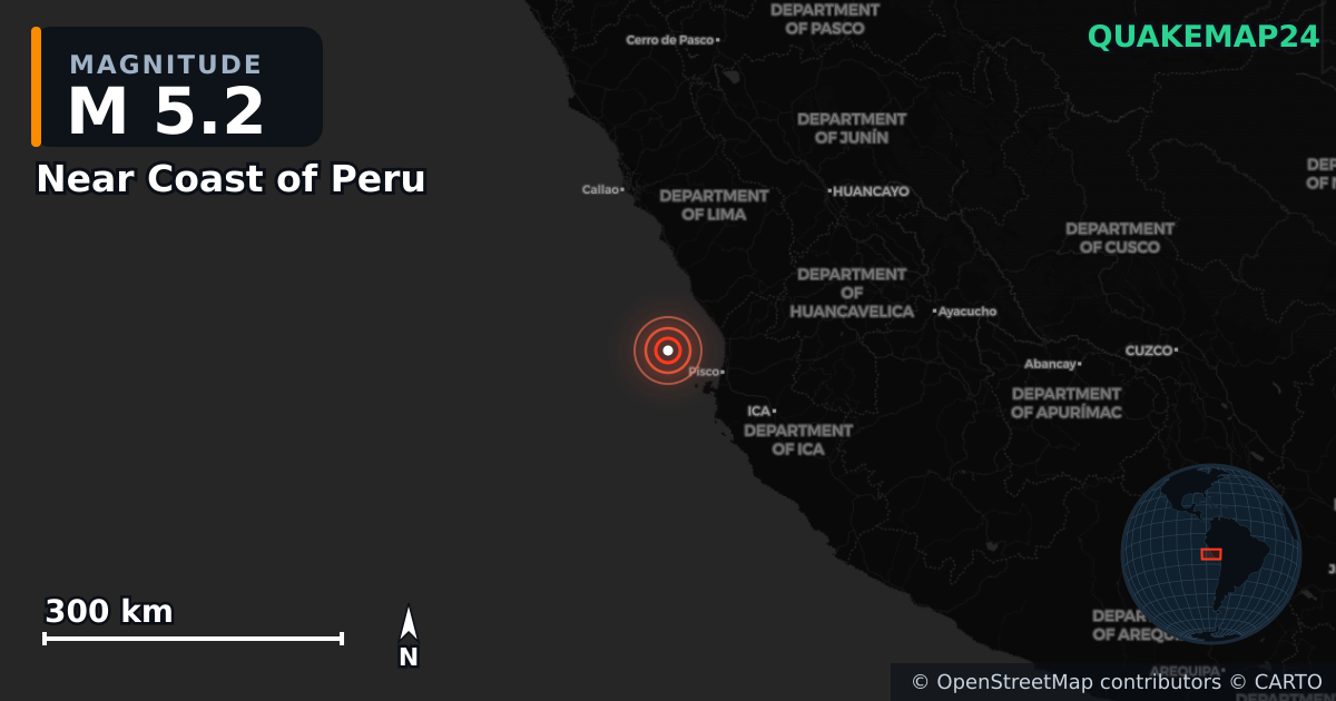 M5.2 earthquake near Near Coast of Peru on Feb 22, 2026 — map of epicenter and shaking intensity | QuakeMap24