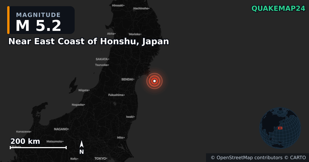 Erdbeben M5,2 bei Near East Coast of Honshu, Japan — Karte der Lage des Epizentrums