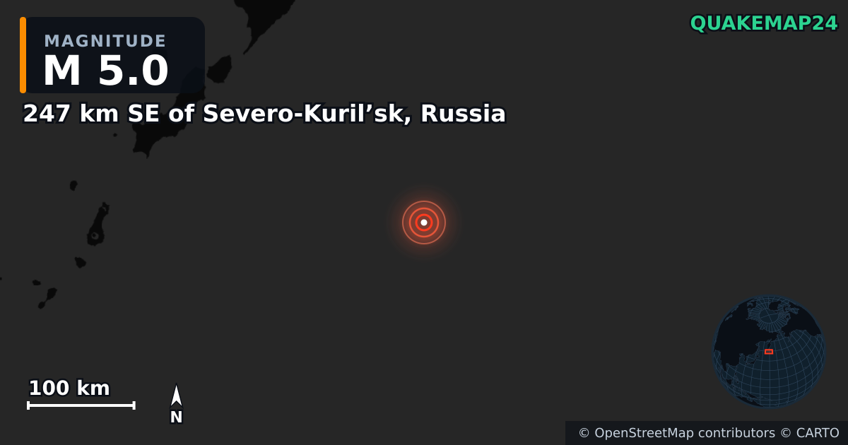 247 km SE of Severo-Kuril’sk, Russia yakınında M5,0 deprem — Deprem merkez üssünün konumunu gösteren harita
