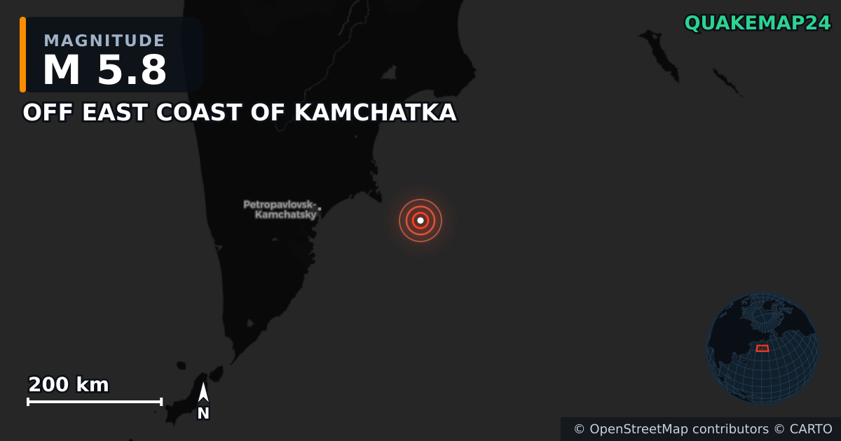 M5.8 earthquake near OFF EAST COAST OF KAMCHATKA on Jul 20, 2025 — map of epicenter and shaking intensity | QuakeMap24