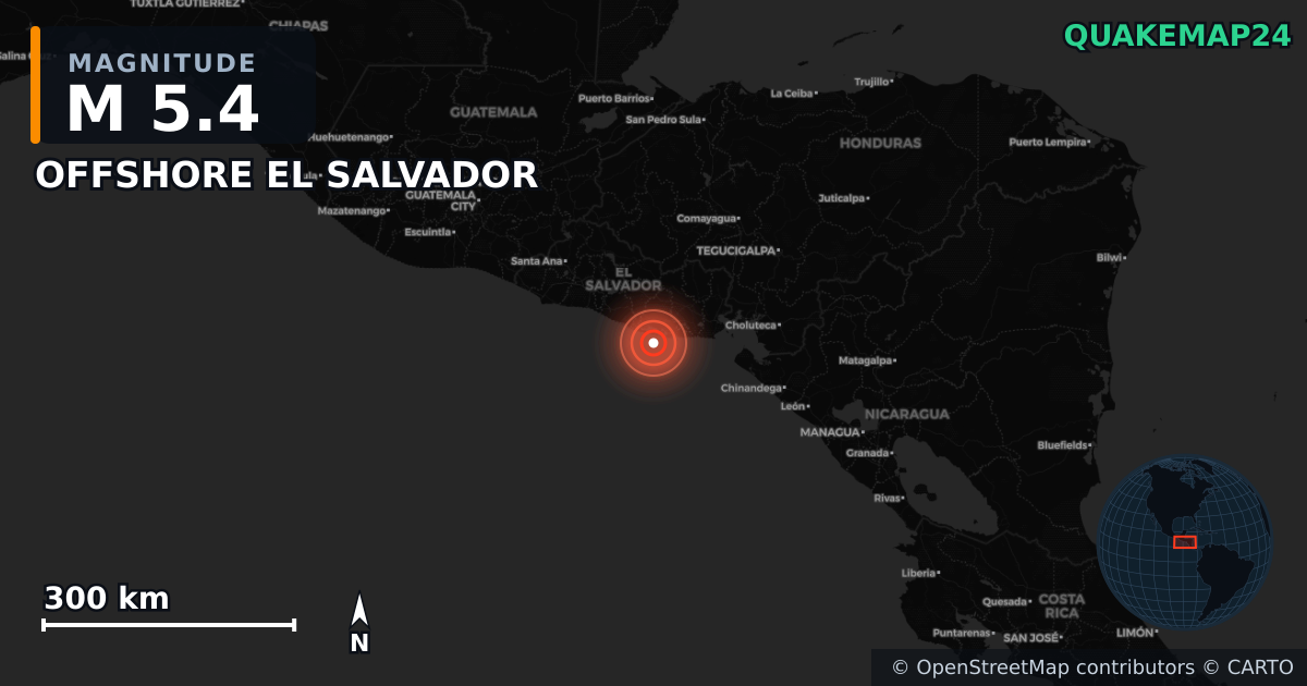 M5.4 earthquake near OFFSHORE EL SALVADOR on Jun 18, 2025 — map of epicenter and shaking intensity | QuakeMap24