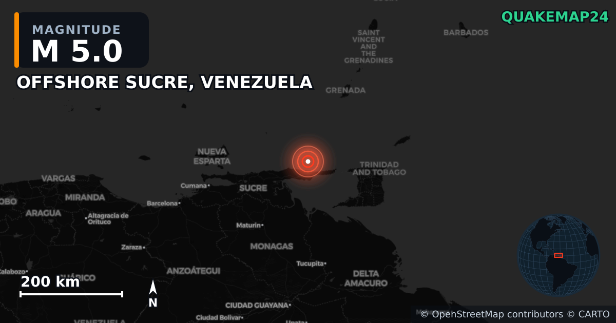 M5.0 earthquake near OFFSHORE SUCRE, VENEZUELA on May 12, 2025 — map of epicenter and shaking intensity | QuakeMap24