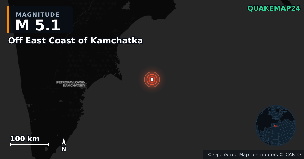 M5.1 earthquake near Off East Coast of Kamchatka on Sep 20, 2025 — map of epicenter and shaking intensity | QuakeMap24