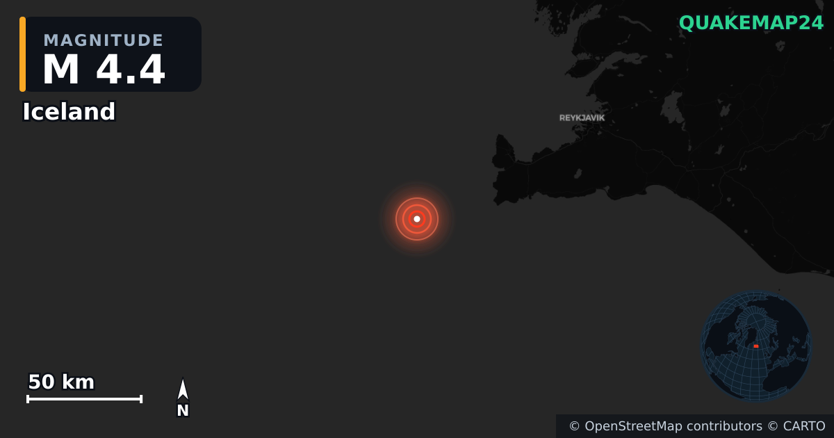 M4.4 earthquake near Iceland on Aug 25, 2026 — map of epicenter and shaking intensity | QuakeMap24