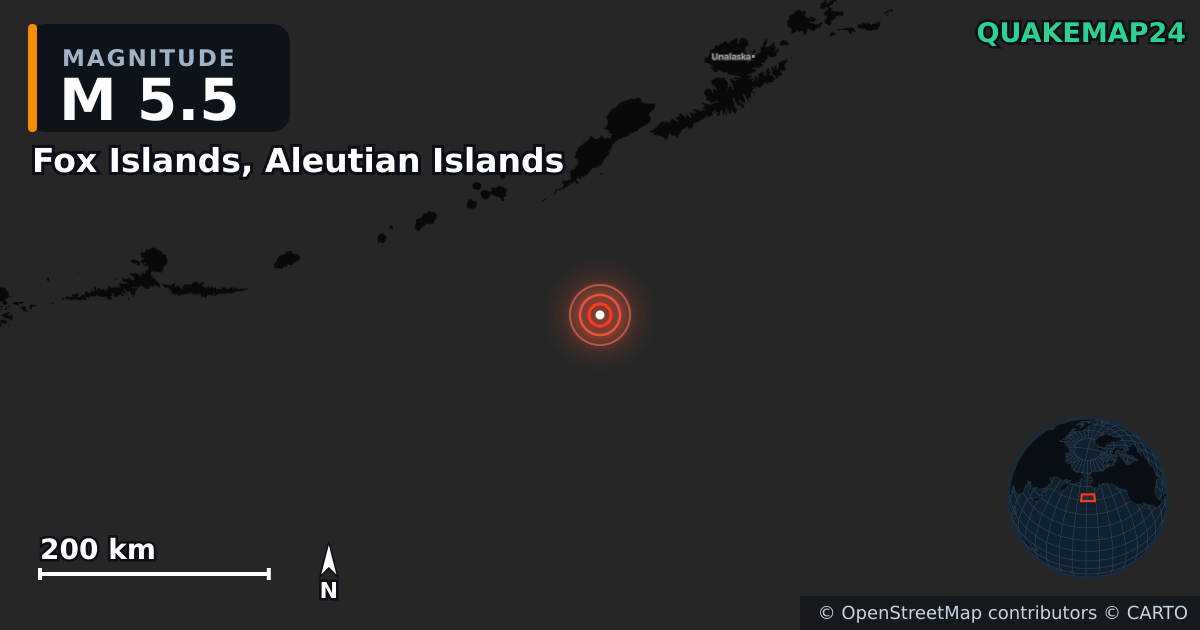 Erdbeben M5,5 bei Fox Islands, Aleutian Islands — Karte der Lage des Epizentrums