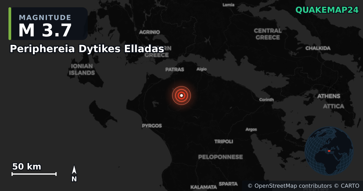 M3.7 earthquake near Periphereia Dytikes Elladas on Jan 1, 2026 — map of epicenter and shaking intensity | QuakeMap24