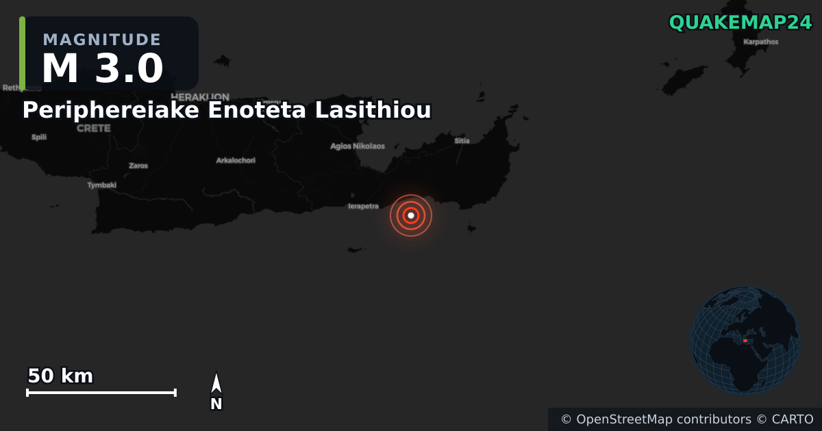 M3.0 earthquake near Periphereiake Enoteta Lasithiou on Apr 24, 2026 — map of epicenter and shaking intensity | QuakeMap24