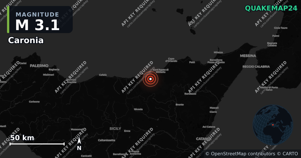 M3.1 earthquake near Caronia on Sep 5, 2026 — map of epicenter and shaking intensity | QuakeMap24