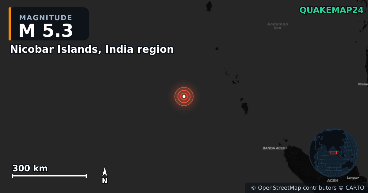 M5.3 earthquake near Nicobar Islands, India region on Jan 20, 2025 — map of epicenter and shaking intensity | QuakeMap24