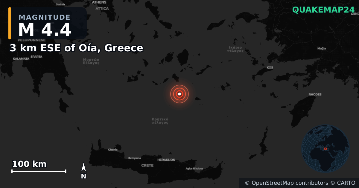 3 km ESE of Oía, Greece yakınında M4,4 deprem · 2025-02-12 — Deprem merkez üssünün konumunu gösteren harita