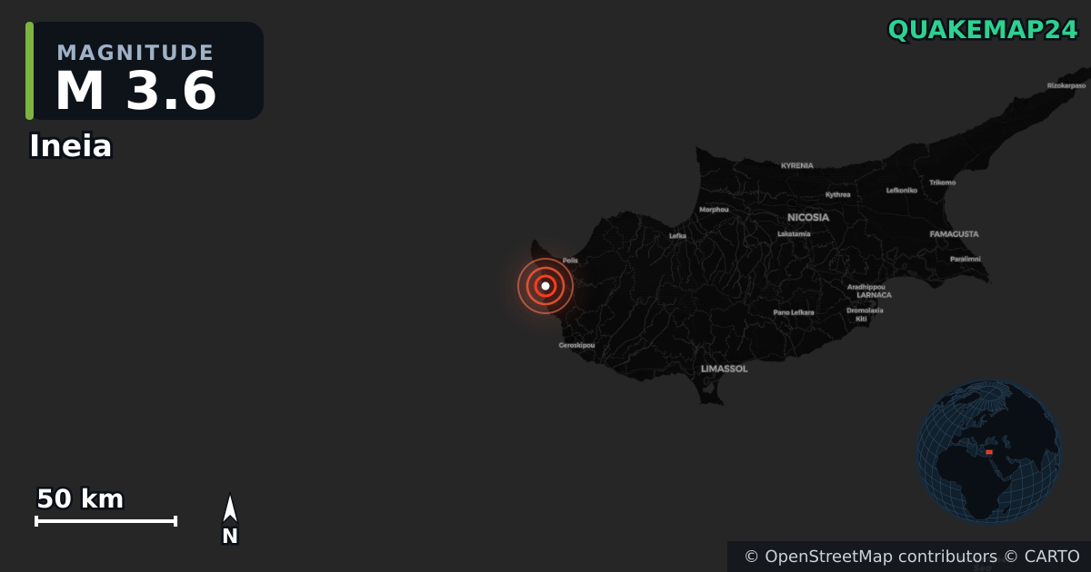 M3.6 earthquake near Ineia on Jul 2, 2026 — map of epicenter and shaking intensity | QuakeMap24