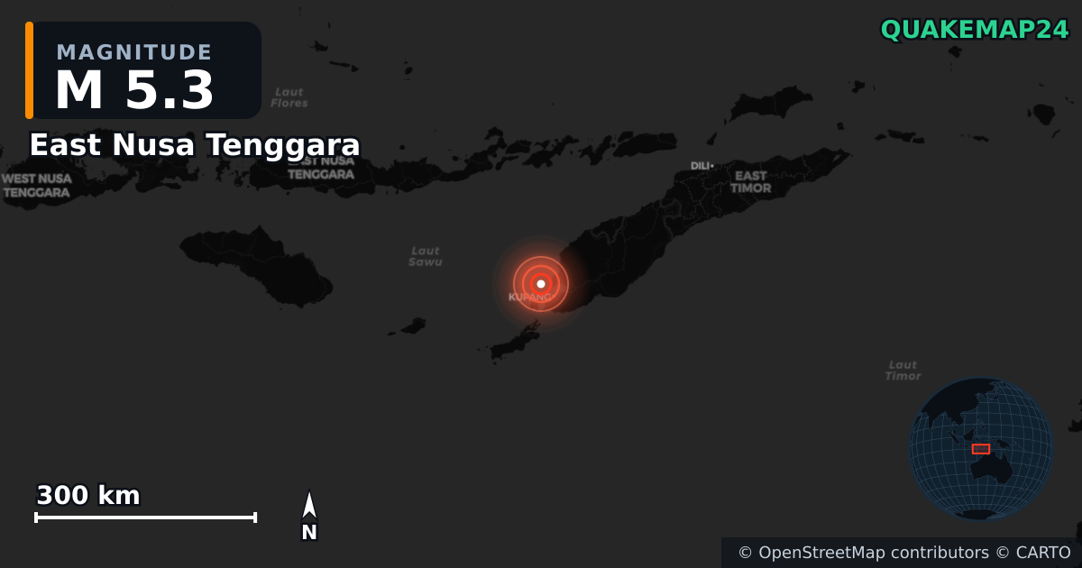 M5.3 earthquake near East Nusa Tenggara on Jul 26, 2026 — map of epicenter and shaking intensity | QuakeMap24
