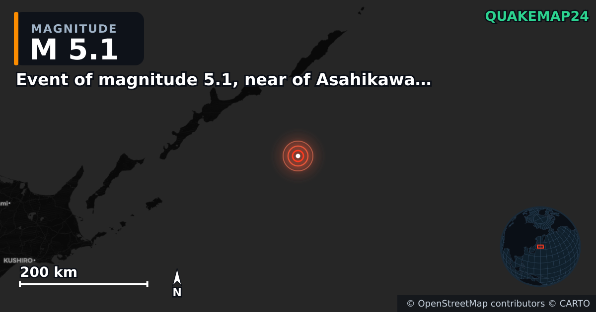 M5.1 earthquake near Event of magnitude 5.1, near of Asahikawa (Monde) on Jan 13, 2026 — map of epicenter and shaking intensity | QuakeMap24