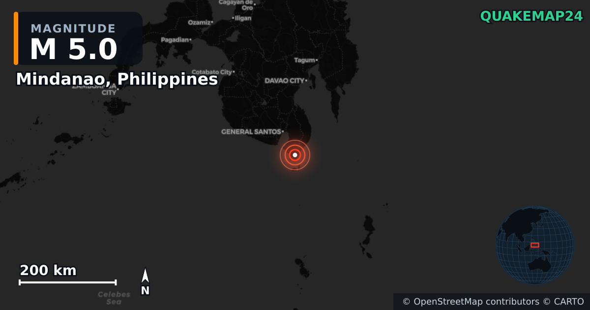M5.0 earthquake near Mindanao, Philippines on Jun 8, 2026 — map of epicenter and shaking intensity | QuakeMap24