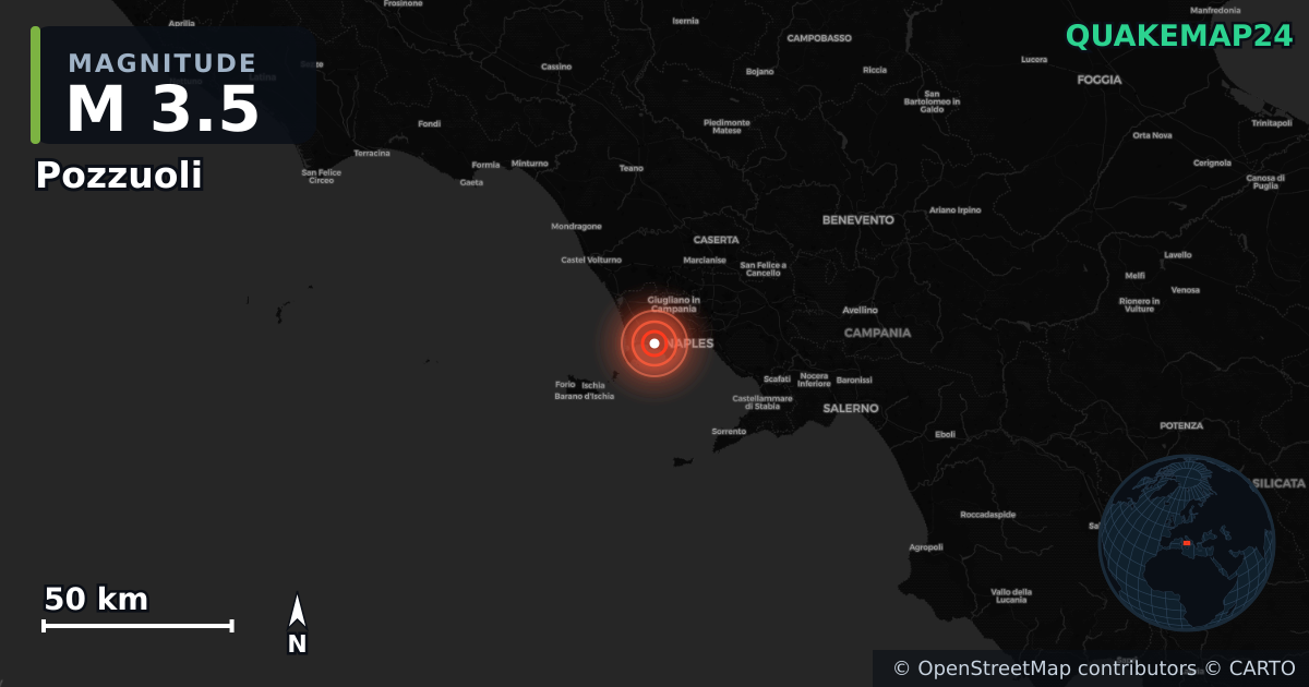 M3.5 earthquake near Pozzuoli on Feb 28, 2026 — map of epicenter and shaking intensity | QuakeMap24