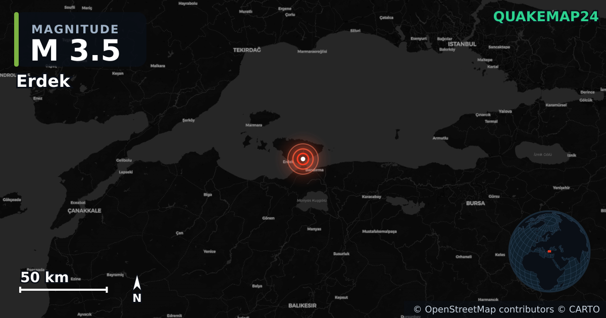 M3.5 earthquake near Erdek on Jun 9, 2025 — map of epicenter and shaking intensity | QuakeMap24
