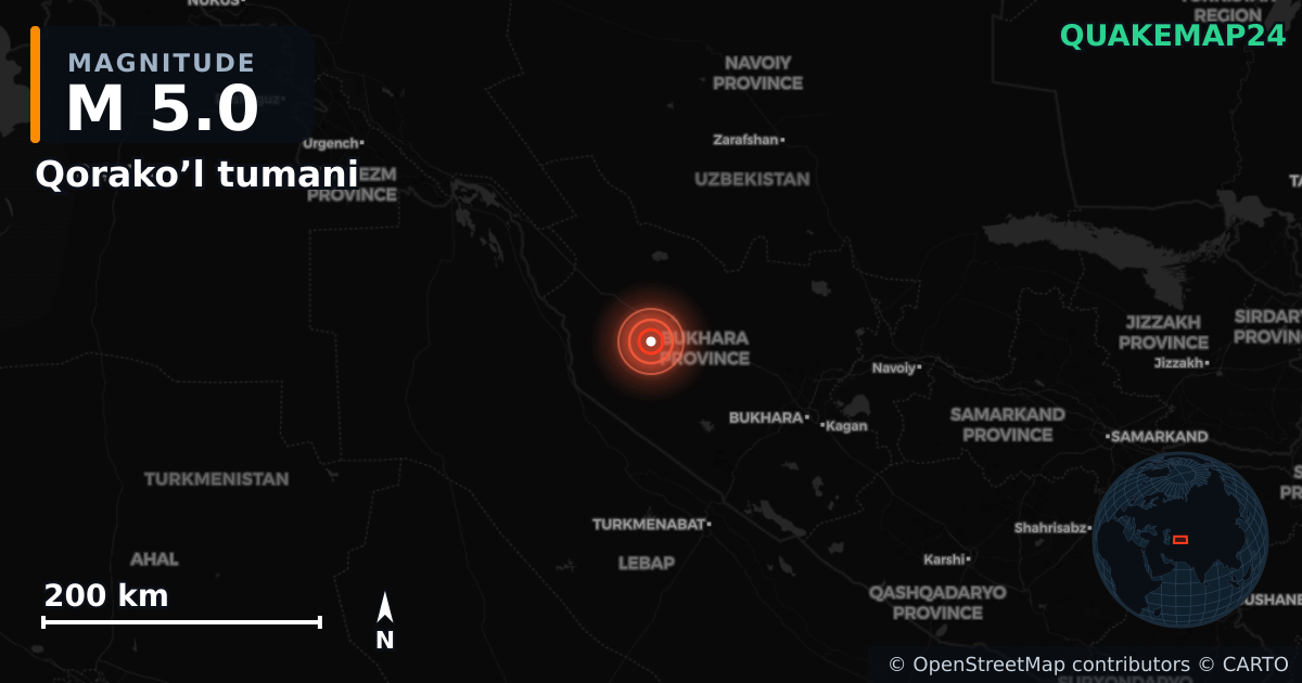 M5.0 earthquake near Qorako’l tumani on May 19, 2026 — map of epicenter and shaking intensity | QuakeMap24