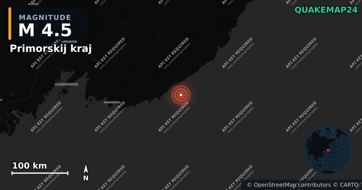 M4.5 earthquake near Primorskij kraj on Apr 15, 2026 — map of epicenter and shaking intensity | QuakeMap24