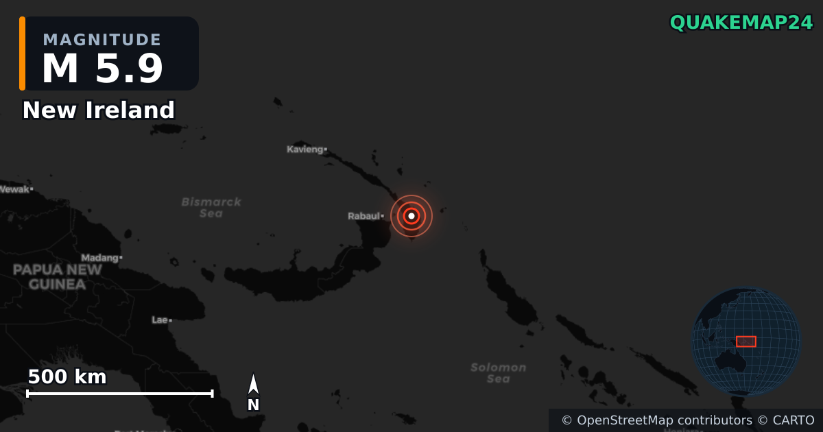 M5.9 earthquake near New Ireland on Aug 7, 2025 — map of epicenter and shaking intensity | QuakeMap24