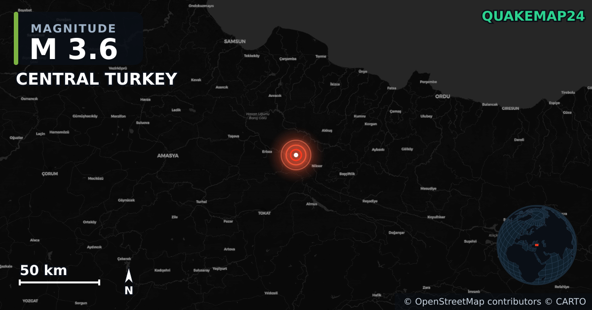 M3.6 earthquake near CENTRAL TURKEY on Mar 13, 2026 — map of epicenter and shaking intensity | QuakeMap24