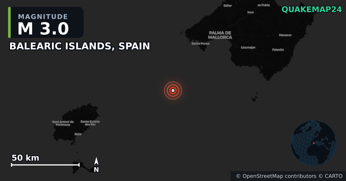BALEARIC ISLANDS, SPAIN yakınında M3,0 deprem · 2026-10-07 — Deprem merkez üssünün konumunu gösteren harita