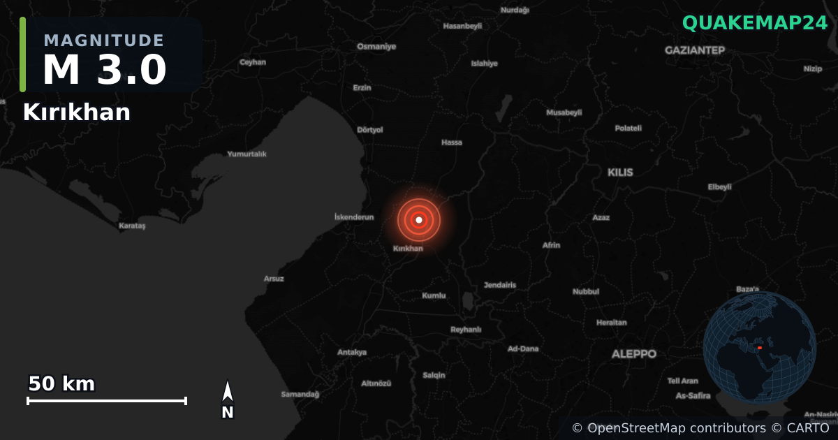M3.0 earthquake near Kırıkhan on Jun 1, 2025 — map of epicenter and shaking intensity | QuakeMap24