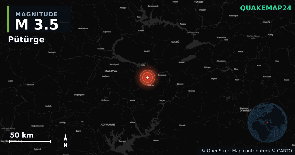 M3.5 earthquake near Pütürge on Oct 8, 2025 — map of epicenter and shaking intensity | QuakeMap24