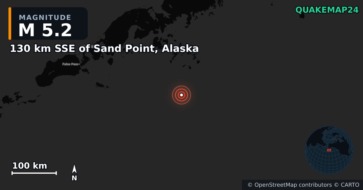 M5.2 earthquake near 130 km SSE of Sand Point, Alaska on Sep 6, 2025 — map of epicenter and shaking intensity | QuakeMap24
