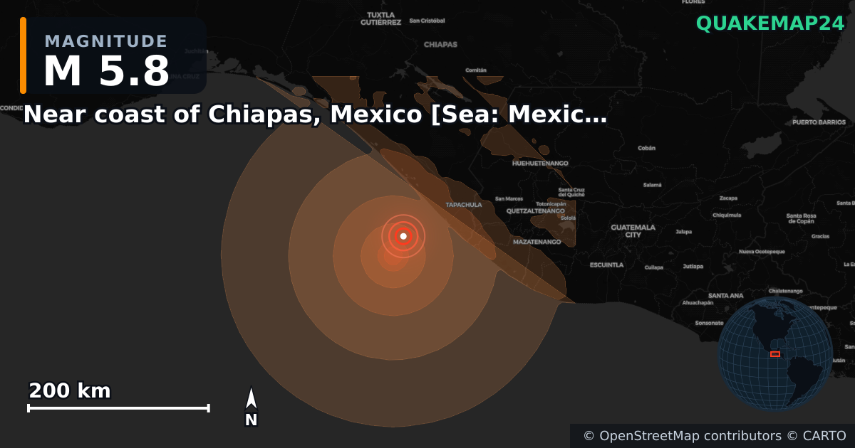Near coast of Chiapas, Mexico [Sea: Mexico] yakınında M5,8 deprem — Deprem merkez üssünün konumunu gösteren harita
