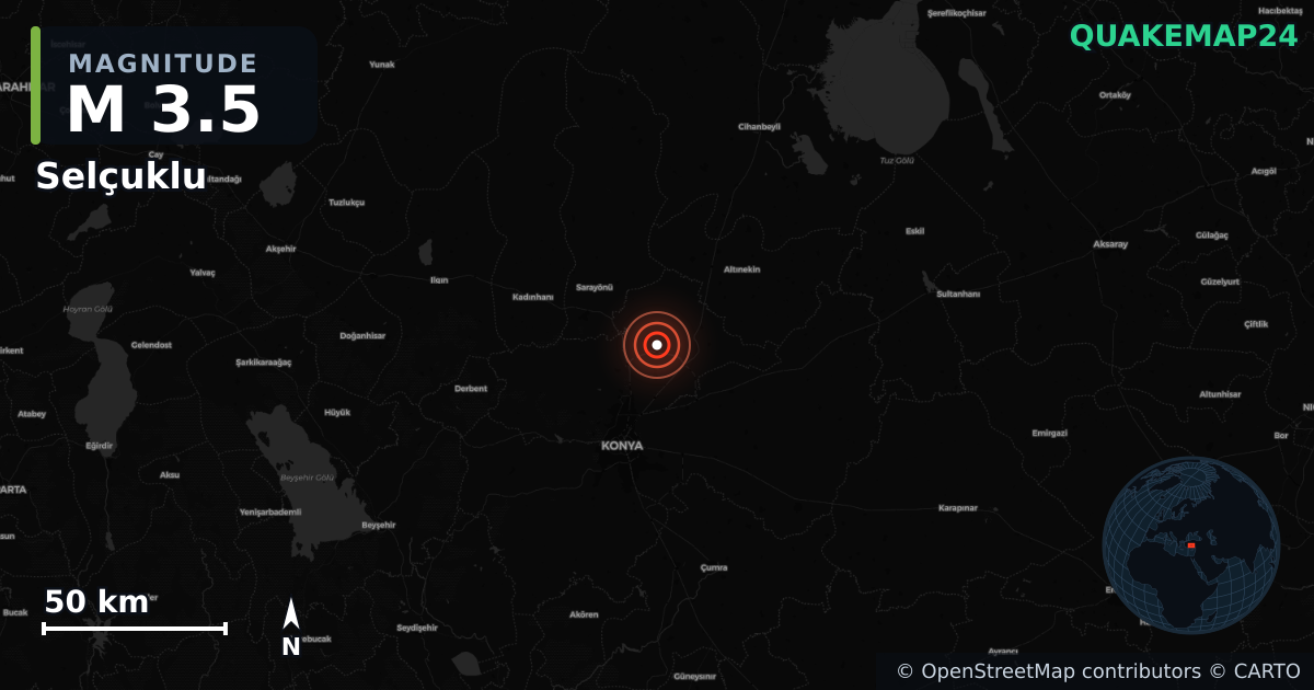 Sismo de M3,5 perto de Selçuklu (Turquia) · 2025-12-23 — Mapa da localização do epicentro