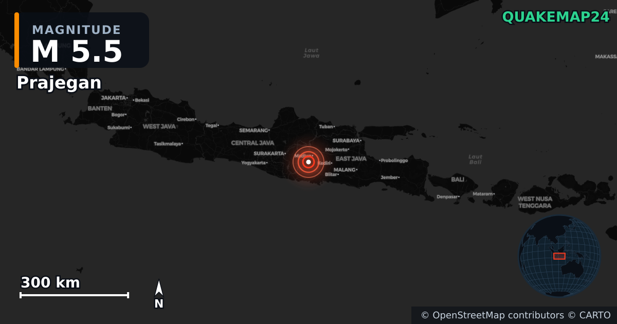 M5.5 earthquake near Prajegan on Jan 27, 2026 — map of epicenter and shaking intensity | QuakeMap24