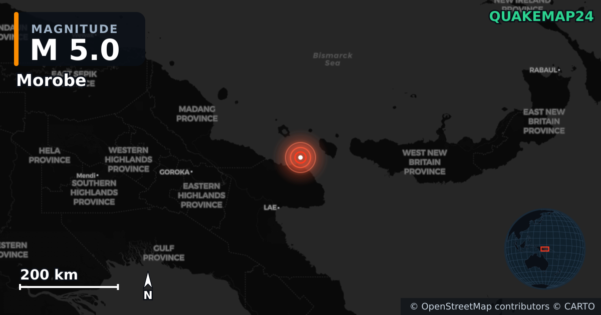 M5.0 earthquake near Morobe on May 11, 2025 — map of epicenter and shaking intensity | QuakeMap24
