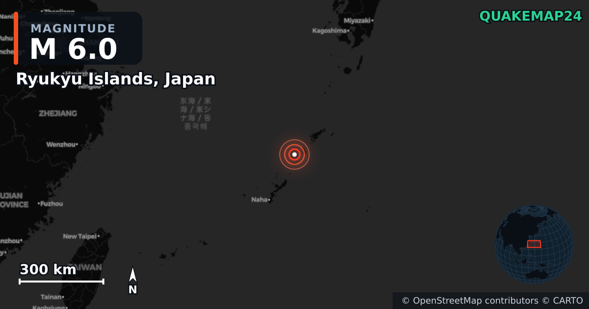M6.0 earthquake near Ryukyu Islands, Japan on May 20, 2026 — map of epicenter and shaking intensity | QuakeMap24